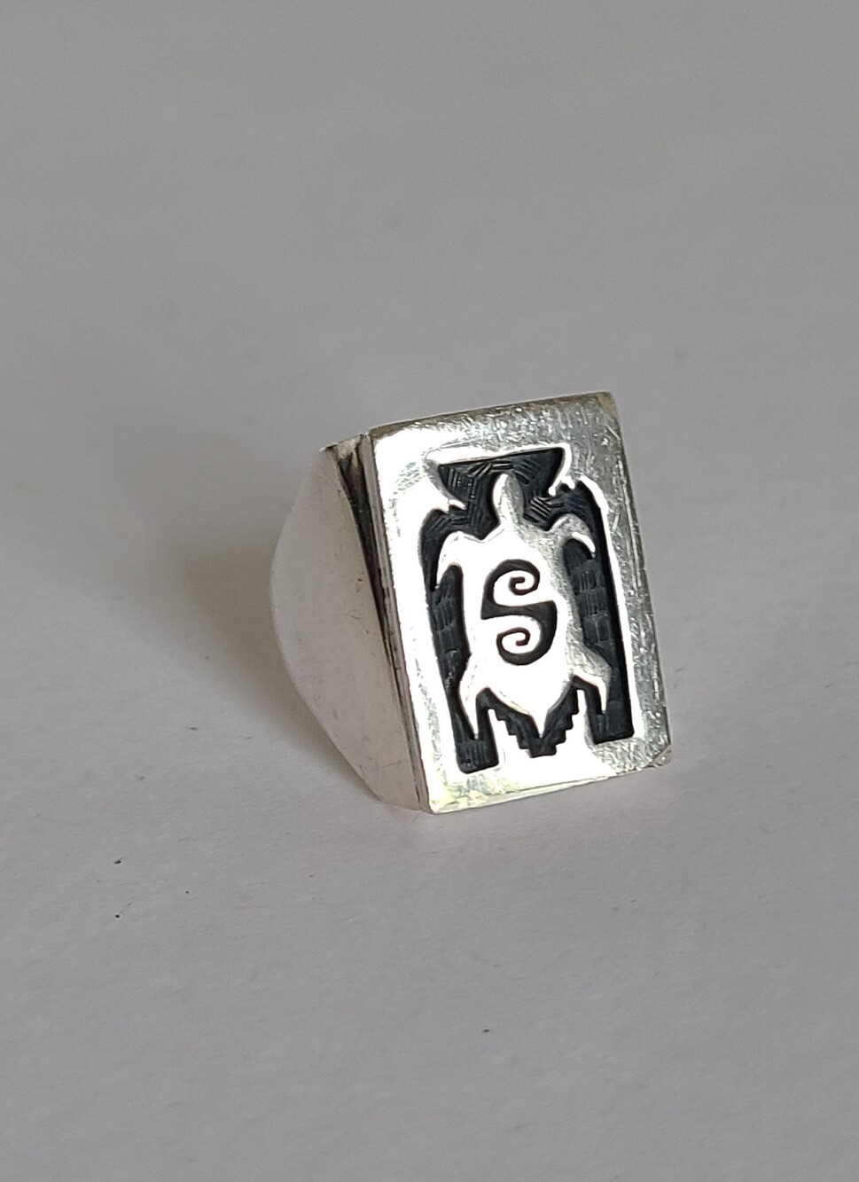 Vintage Chunky Sterling Silver Native Western Engraved Hopi Inlay Turtle Ring